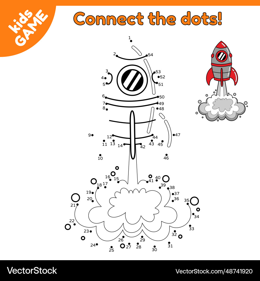 Game connect the dots and draw space rocket launch Game connect the dots and draw space rocket launch vector image