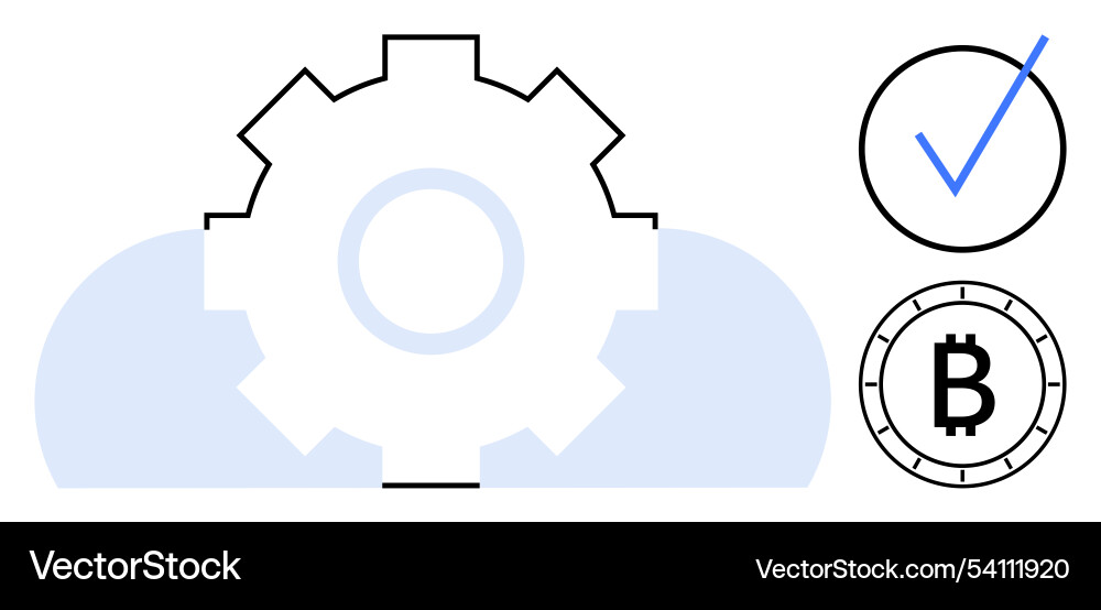 Gear symbol with checkmark and bitcoin coin Gear symbol with checkmark and bitcoin coin vector image