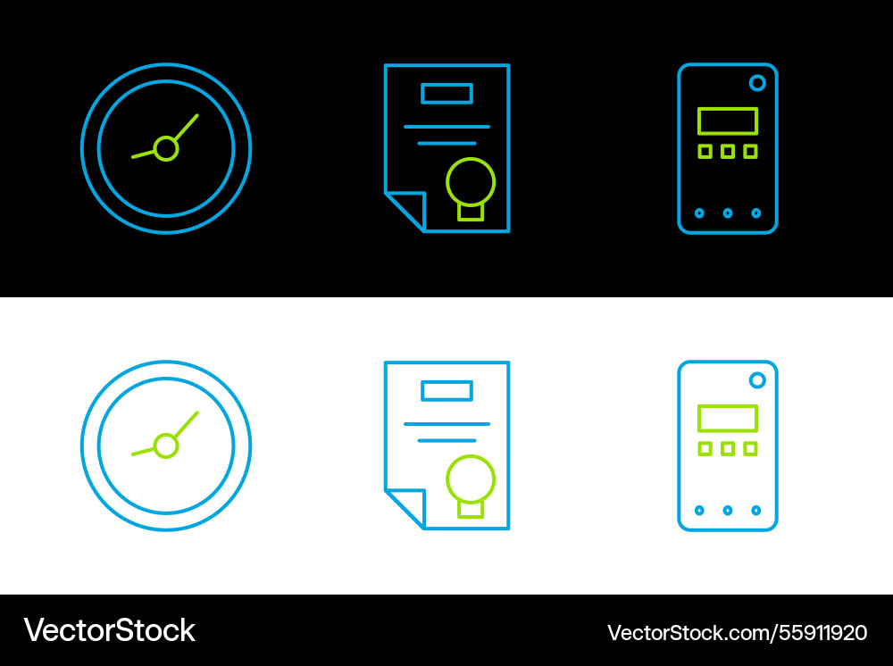 Set line mobile phone clock and certificate Vector Image