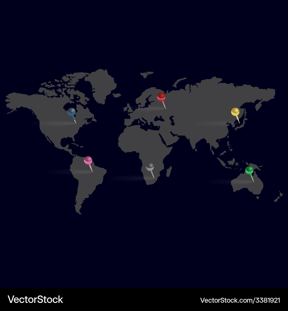 Dark simple map of world with color pins eps10 Vector Image