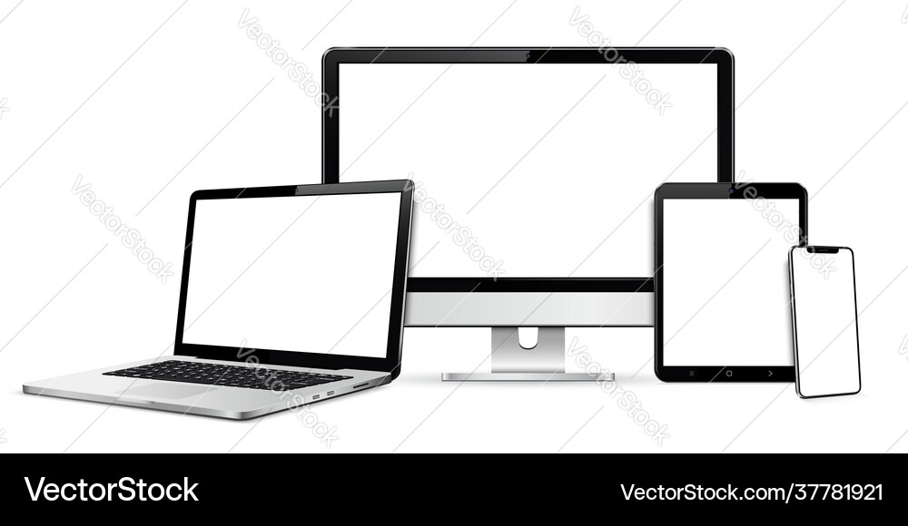 Realistische Geräteset PC Monitor Laptop Tablet Realistische Geräteset PC Monitor Laptop Tablet Vektorbild