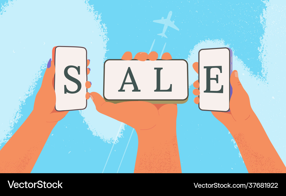 Three hands holding phones with sale word vector image