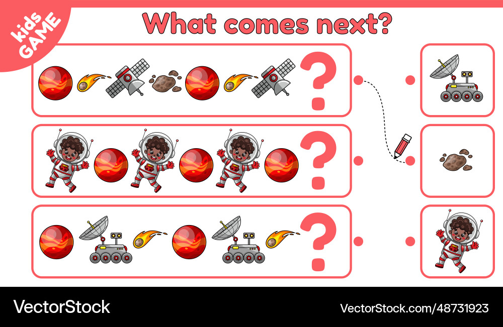 Kids game what comes next is with space objects Kids game what comes next is with space objects vector image