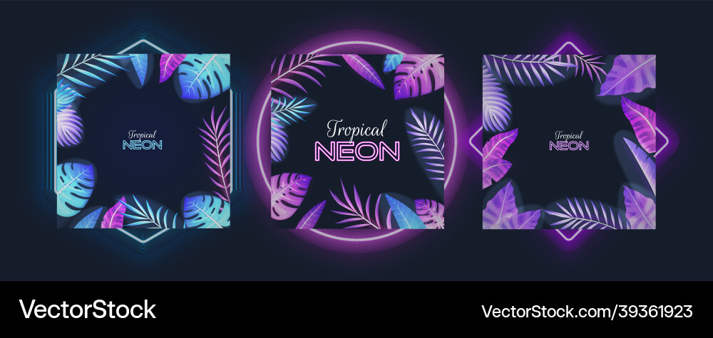 Neon Tropical Palm Frame Set Vektorbild