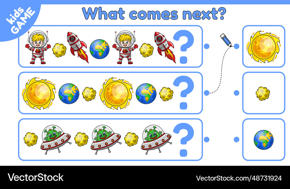 Kids game what comes next is with space objects vector image