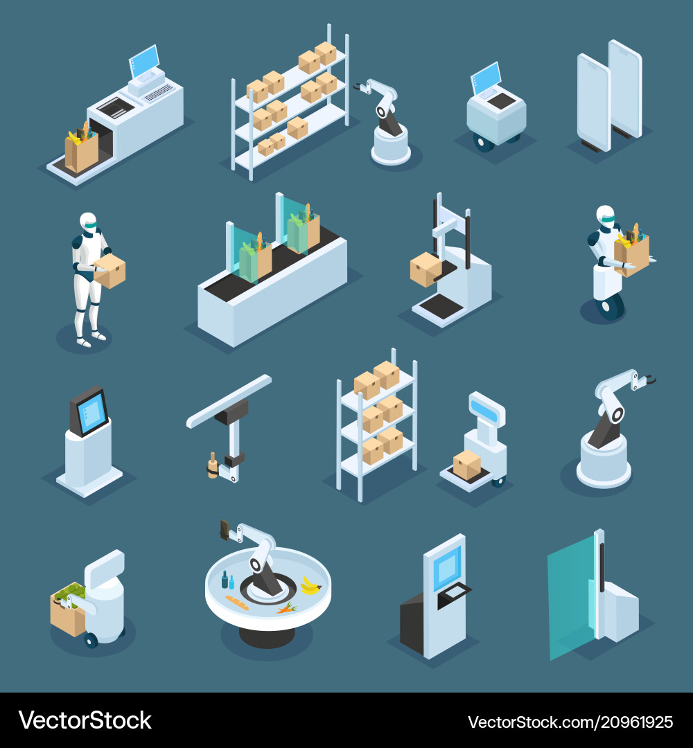 Automated Shop Icons - Robots & Machinery Vector Image