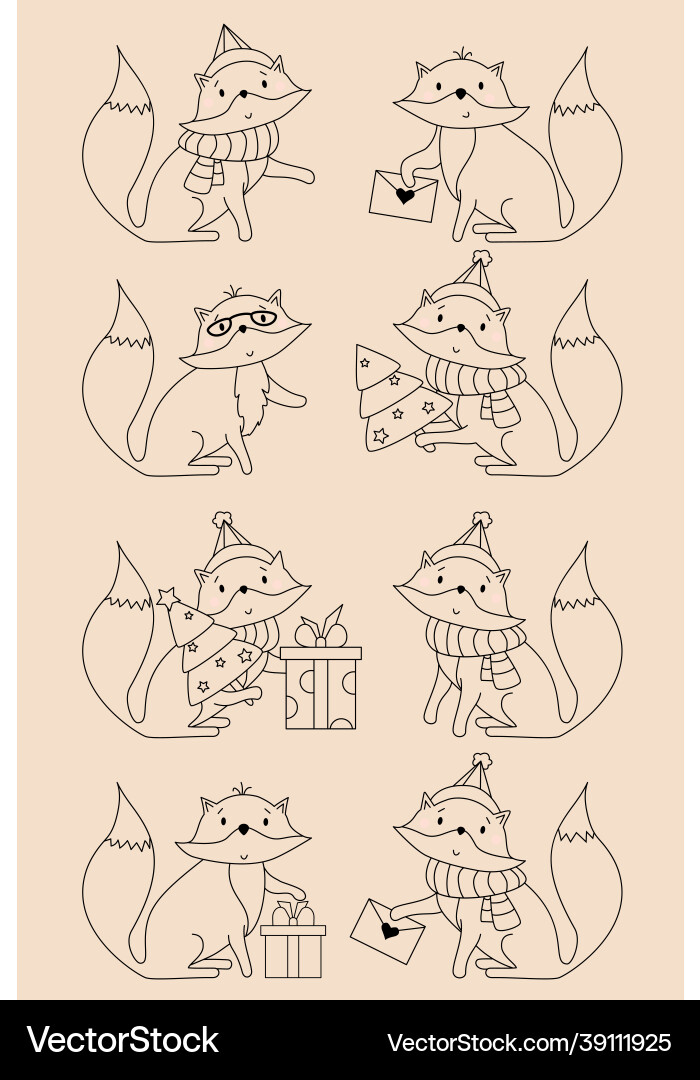 Linear animals set cute fox christmas outline Vector Image