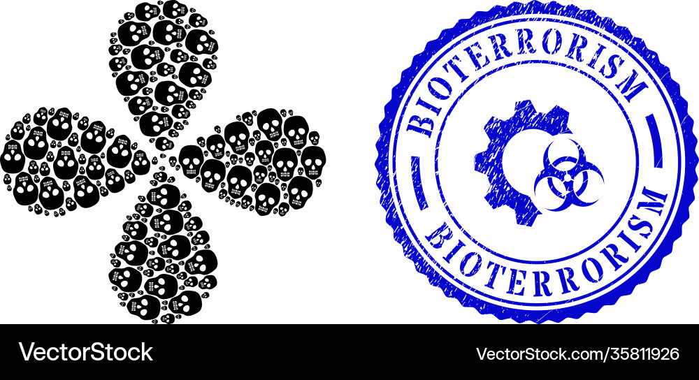 Bioterrorism textured stamp and skull rotation Bioterrorism textured stamp and skull rotation vector image