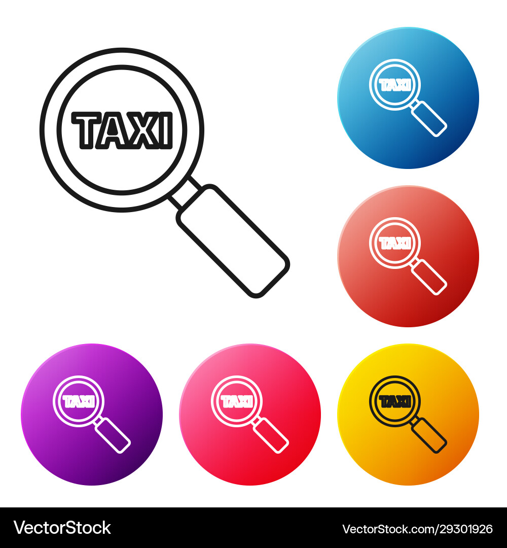 Black line magnifying glass and taxi car icon Black line magnifying glass and taxi car icon vector image