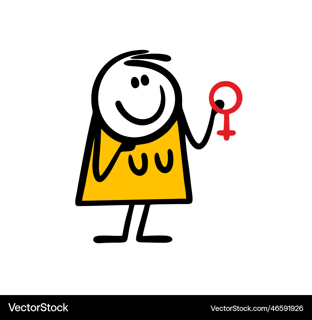 Cartoon Stick Figur Mädchen hält Geschlecht weibliche Zeichen Cartoon Stick Figur Mädchen hält Geschlecht weibliche Zeichen vektorbild