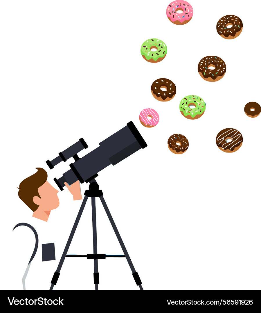Man using telescope observing colorful floating Vector Image