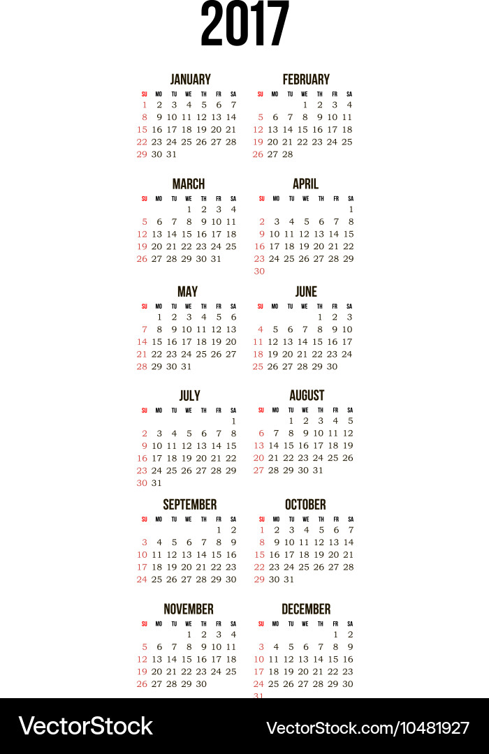 2017 Calendar - Simple Year View Vector Image