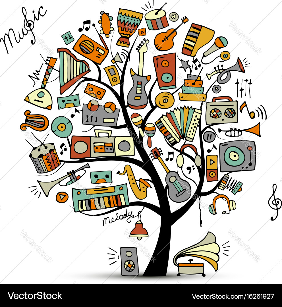 Music instruments tree sketch for your design vector image