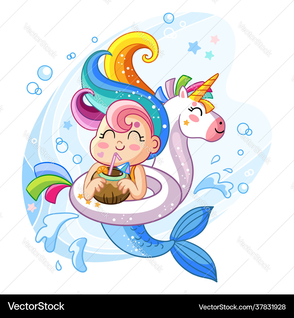 Kawaii Mermaid on Unicorn Float Vector Image