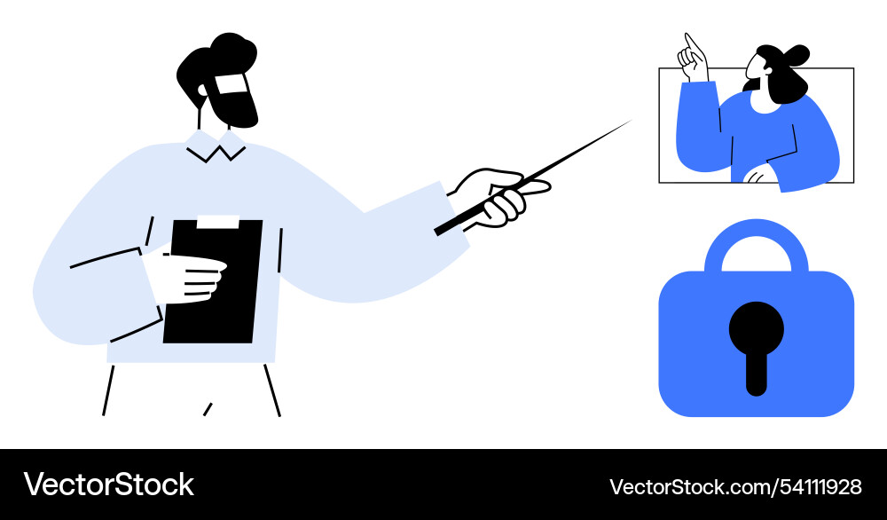 Man giving presentation with pointer next Man giving presentation with pointer next vector image