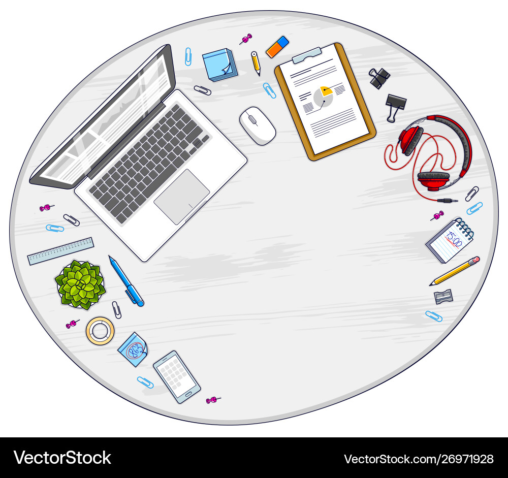 Work desk workspace top view with pc notebook Work desk workspace top view with pc notebook Vector Image