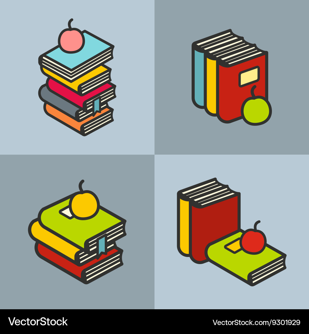 Stack of books with apple in line flat style Vector Image