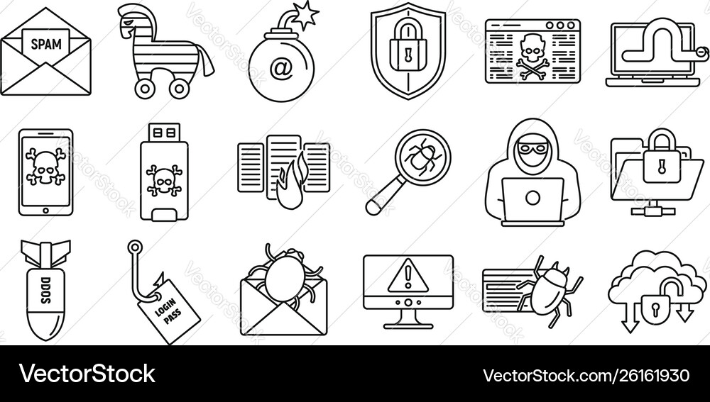 Cyber attack bug icons set outline style Vector Image