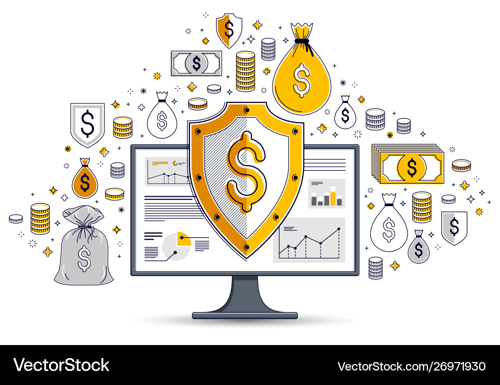 Shield over computer monitor and dollar set Shield over computer monitor and dollar set vector image