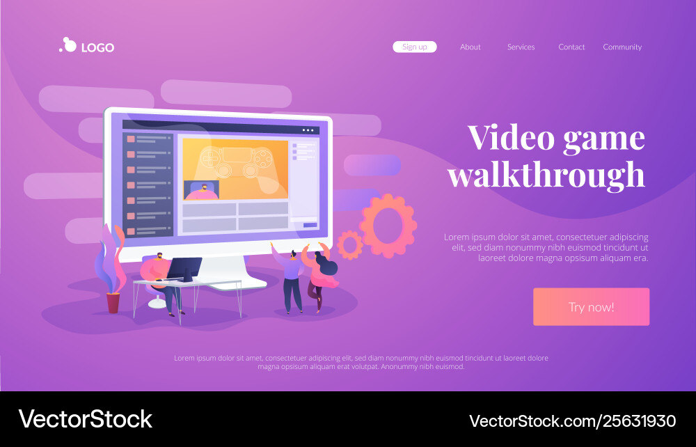 Video game walkthrough landing page template Video game walkthrough landing page template vector image