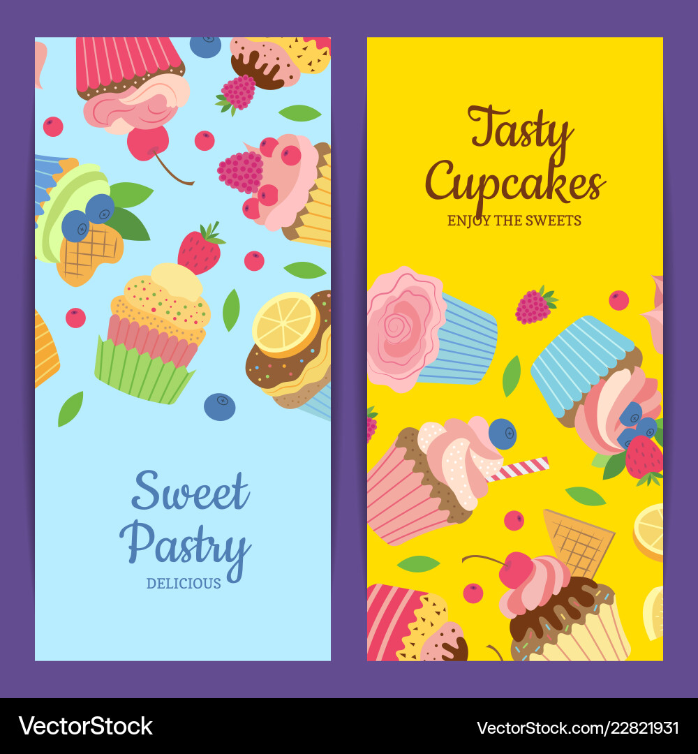 Cute cartoon muffins or cupcakes web banner Cute cartoon muffins or cupcakes web banner vector image