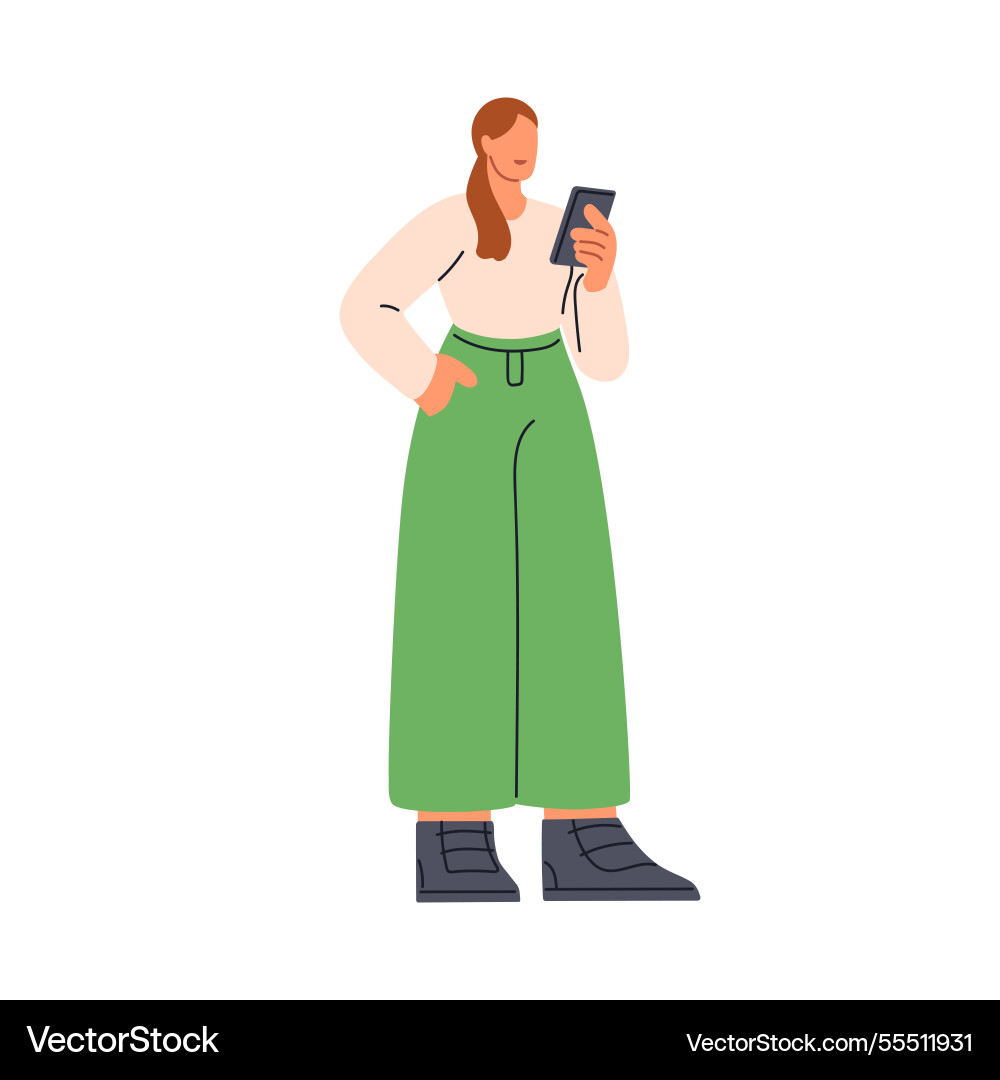 Junge Frau die Smartphone in Hand hält und liest Junge Frau die Smartphone in Hand hält und liest vektorbild