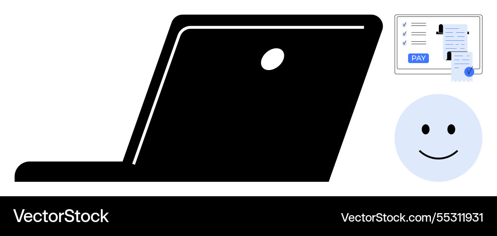 Laptop payment processing form and smiling face Laptop payment processing form and smiling face Vector Image