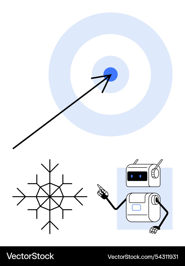 Target with arrow snowflake and robotic figure Target with arrow snowflake and robotic figure vector image
