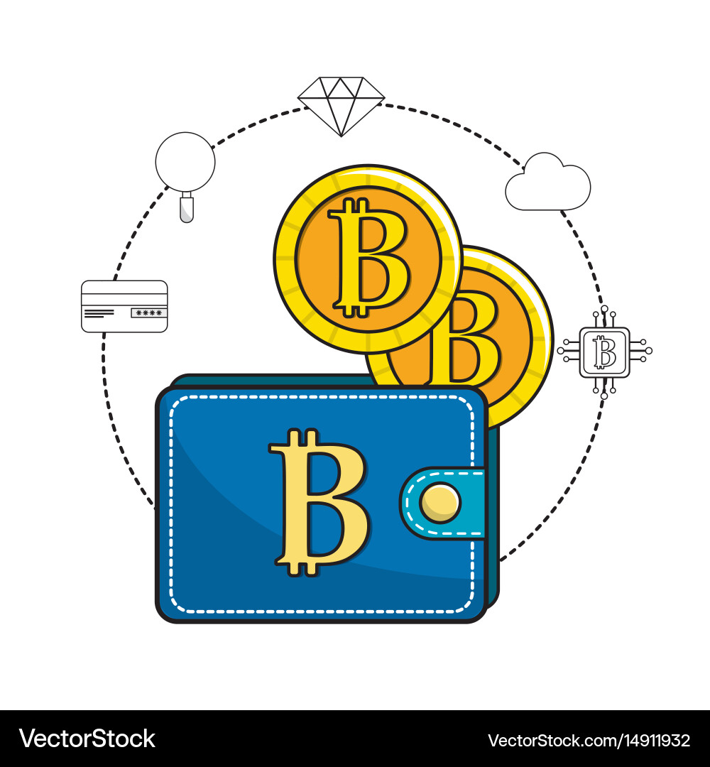 Bitcoin symbol in the wallet and icons around vector image