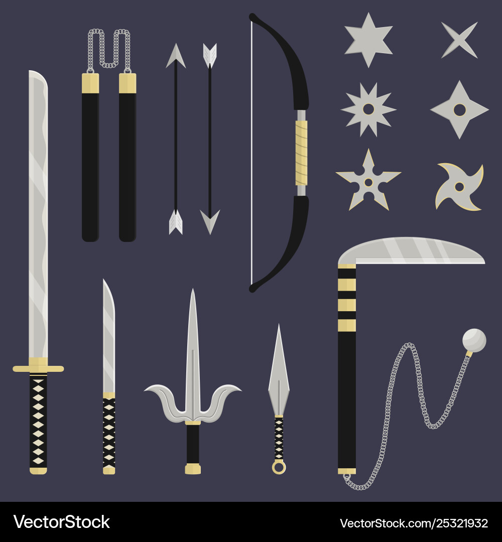 Ninja Waffensatz katana sai kunai nunchacku Ninja Waffensatz katana sai kunai nunchacku vektorbild