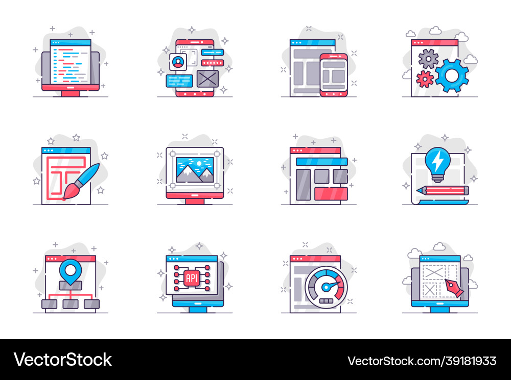 Design and development concept flat line icons set Design and development concept flat line icons set vector image