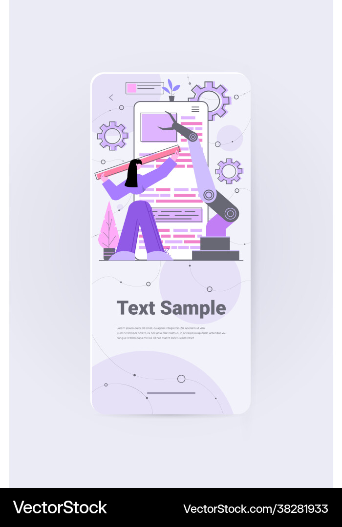 Developer with robotic hand creating mobile Developer with robotic hand creating mobile vector image