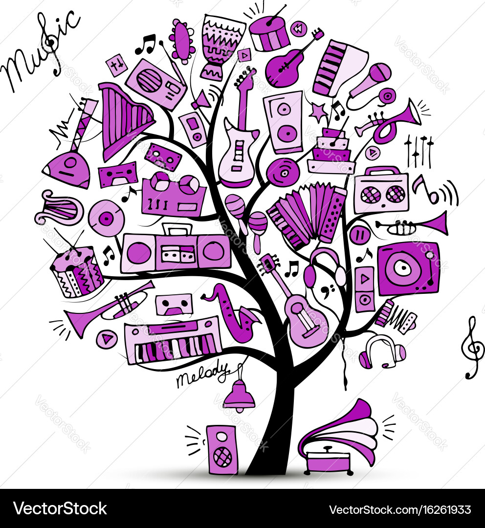 Music instruments tree sketch for your design Vector Image