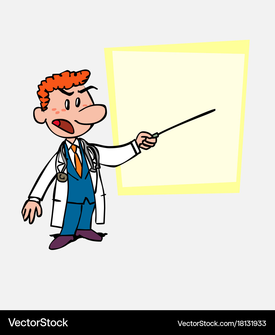 Red-haired doctor points out angry with a pointer Vector Image