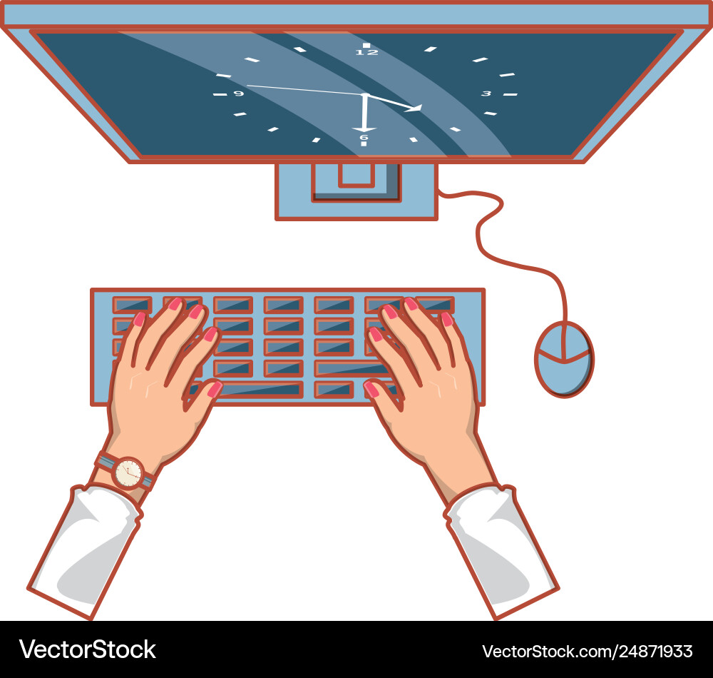 View aerial hands with desktop computer Vector Image