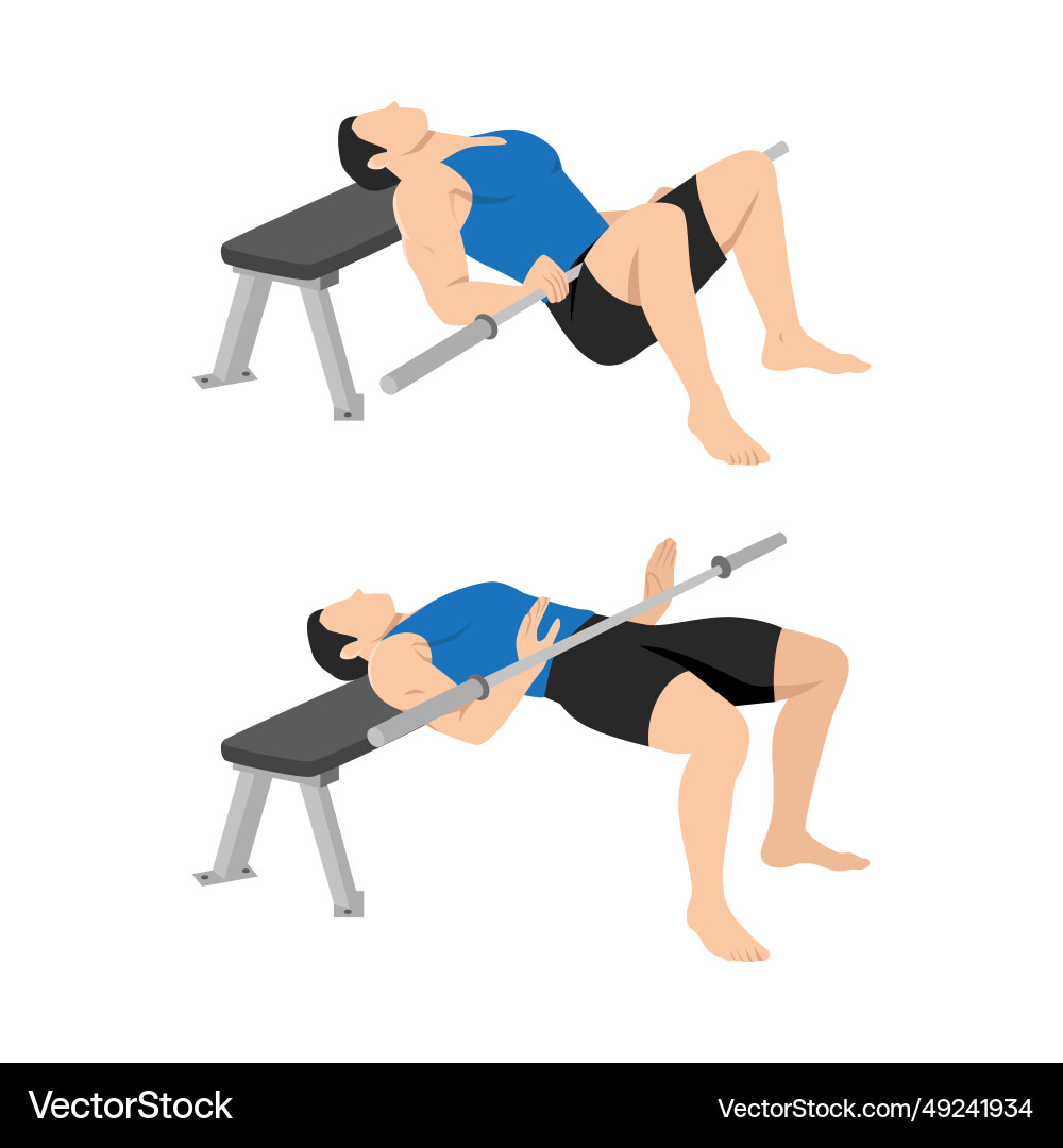 Man doing bench glute bridge with bar exercise Man doing bench glute bridge with bar exercise Vector Image