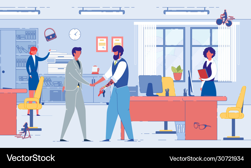 Man handshaking getting key from agent in office Man handshaking getting key from agent in office vector image