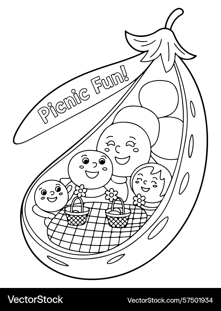 Pea pod with smiling characters having a picnic Vector Image