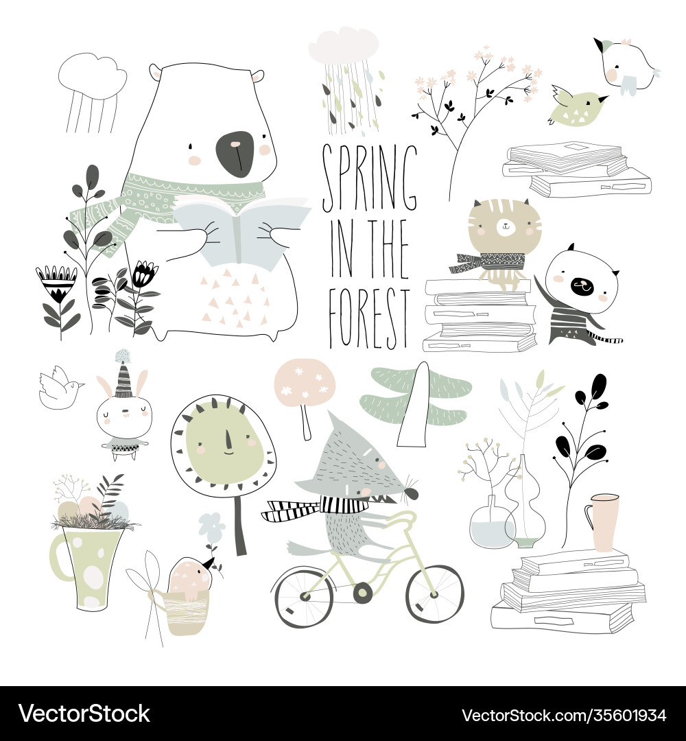 Set cute animals with spring elements hello Vector Image