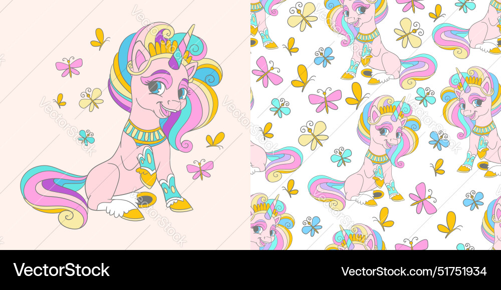 Unicorn with butterflies and seamless pattern set Unicorn with butterflies and seamless pattern set vector image