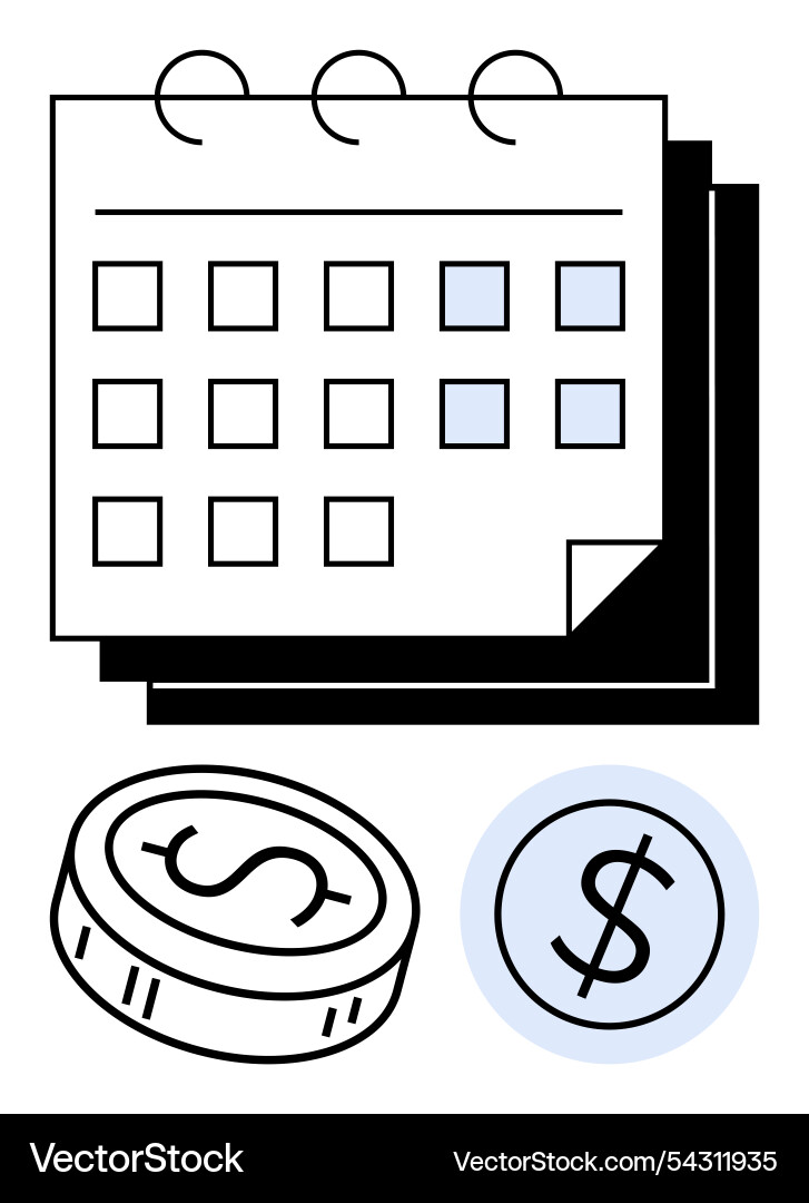 Calendar with highlighted dates and dollar coins Calendar with highlighted dates and dollar coins Vector Image