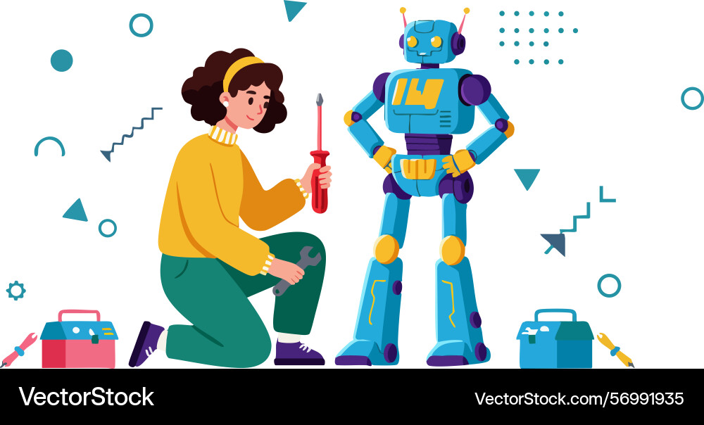 Child assembling colorful robot toy with tools Child assembling colorful robot toy with tools Vector Image