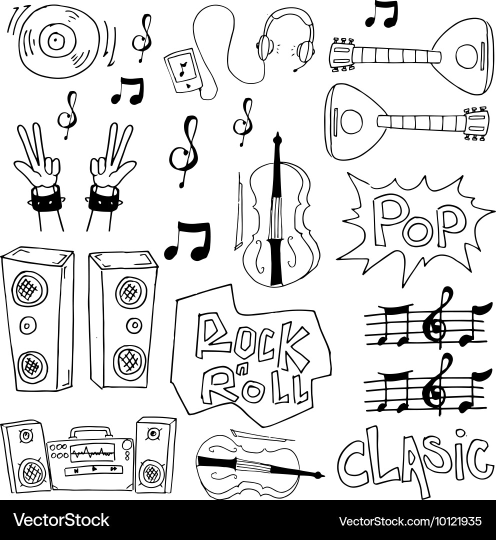 Hand-Drawn Music Notes and Instruments Set Vector Image