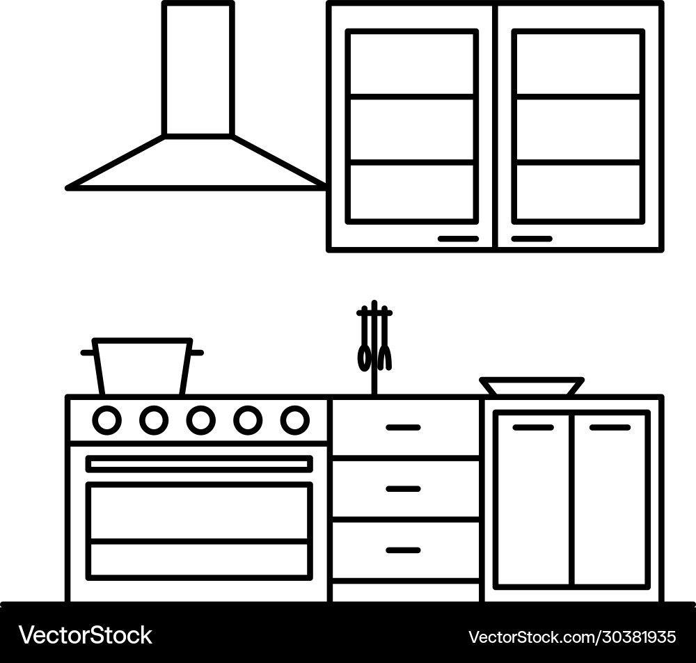 Interior with kitchen in outline style – Royalty-Free Vector | VectorStock, image size:1000x953