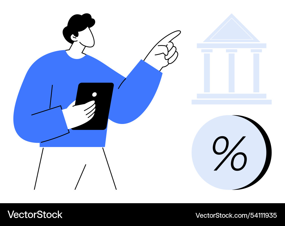 Man with tablet pointing towards bank building Man with tablet pointing towards bank building vector image