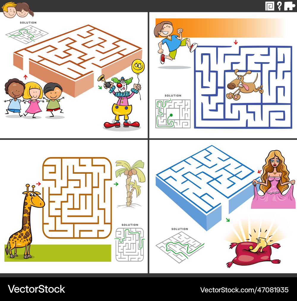 Maze activity games set with funny cartoon Maze activity games set with funny cartoon vector image