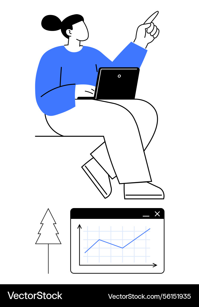 Person working on laptop while pointing with graph Person working on laptop while pointing with graph vector image