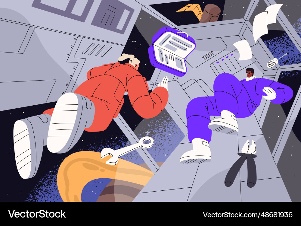 Crew Floating in Space Shuttle Vector Image