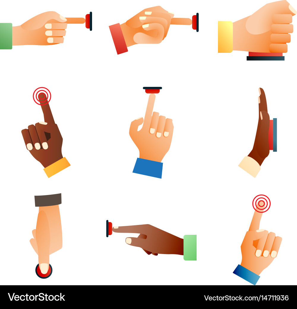 Hand press red button finger control push vector image