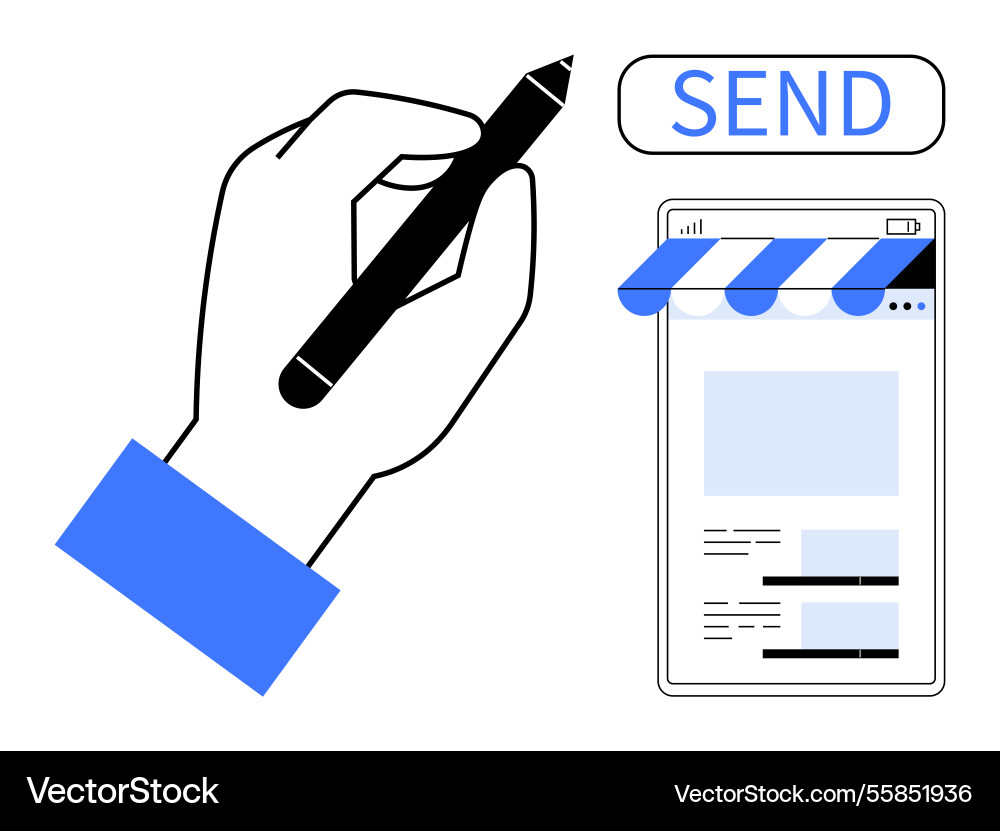 Hand writing with pen near app interface and send Hand writing with pen near app interface and send vector image